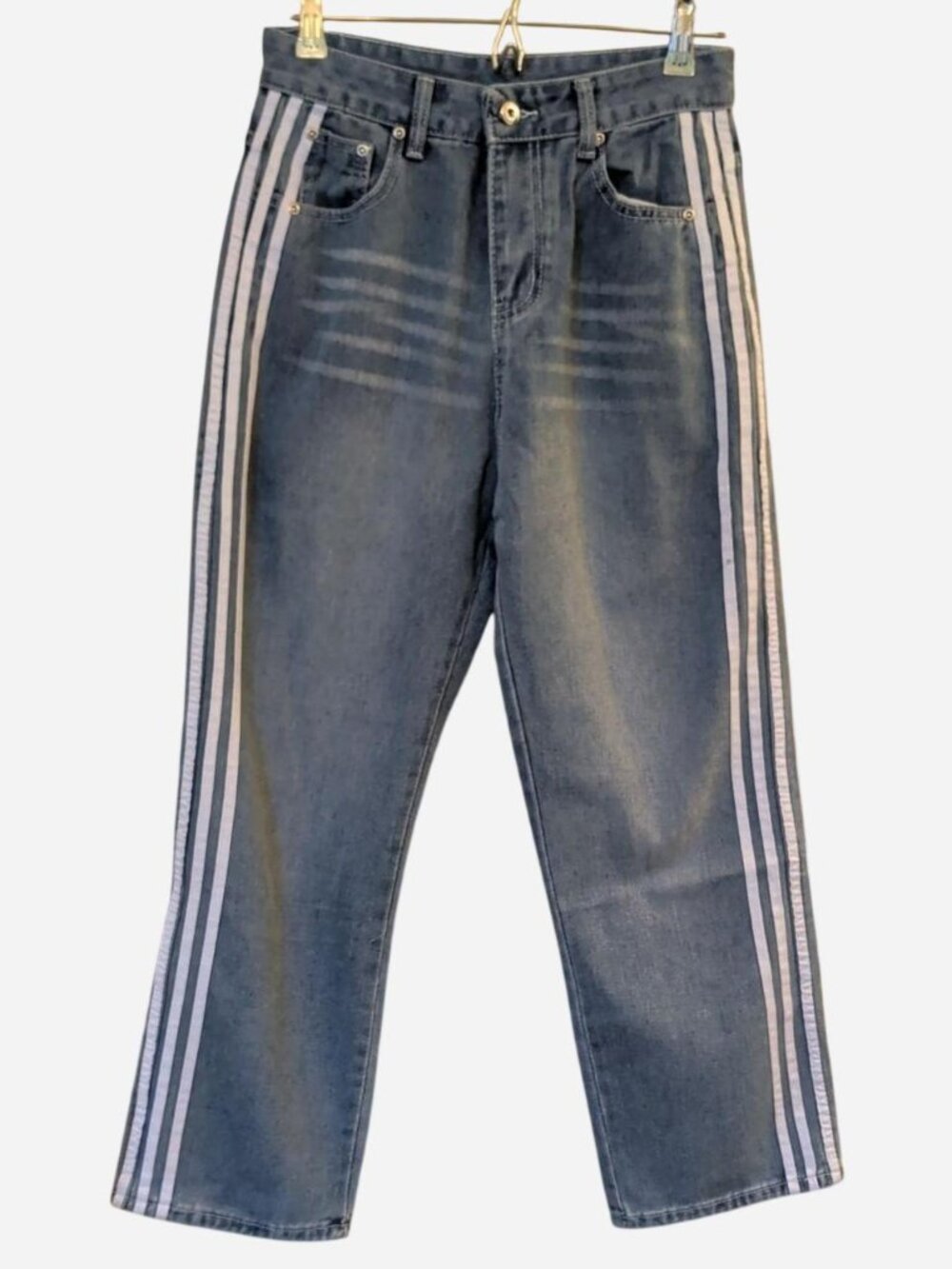 HRW Korean Y2K Striped Distressed Denim Pants | Unisex M